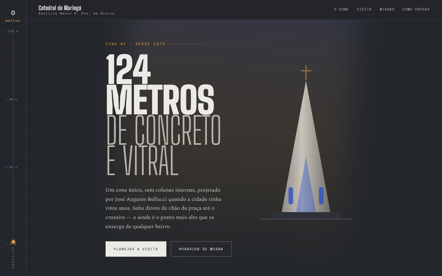 O scroll da página vira o elevador do prédio, de 0 a 124 metros.